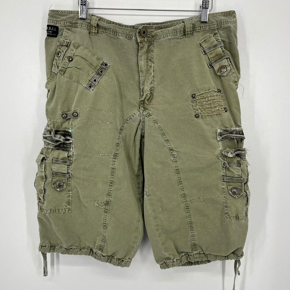 F.U.S.A.I. Jeans Mens Distressed Cargo Shorts Olive Green Tactical Utility 34